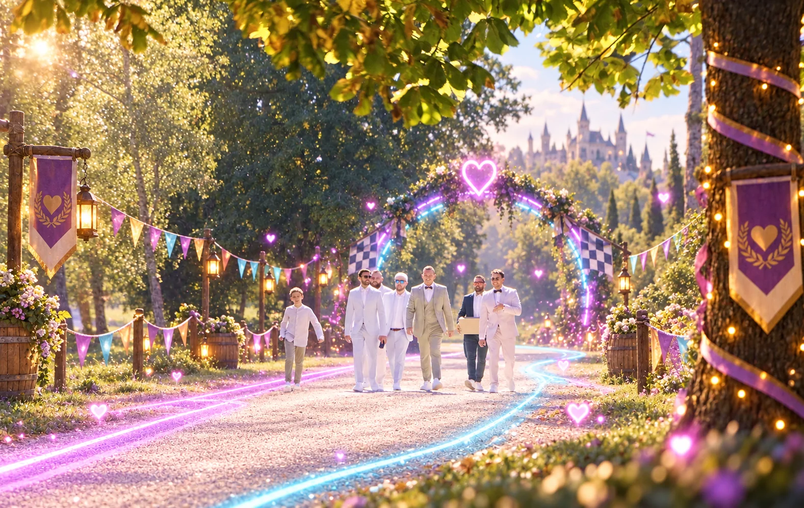 Cortège de mariage avançant sous un portail de course lumineux dans un parc