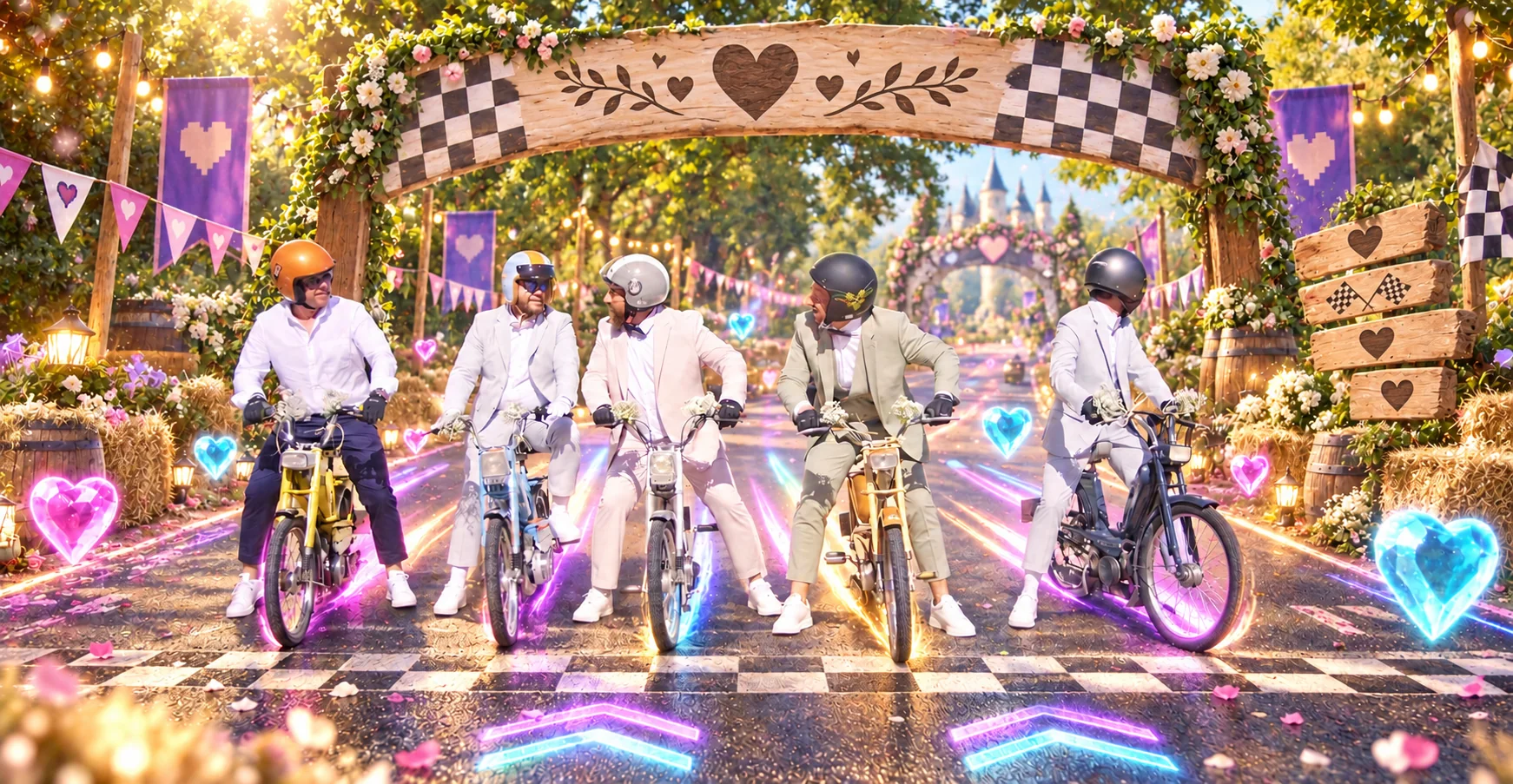 Cinq invités en tenue de mariage sur des mobylettes au départ d’une course arcade fantastique